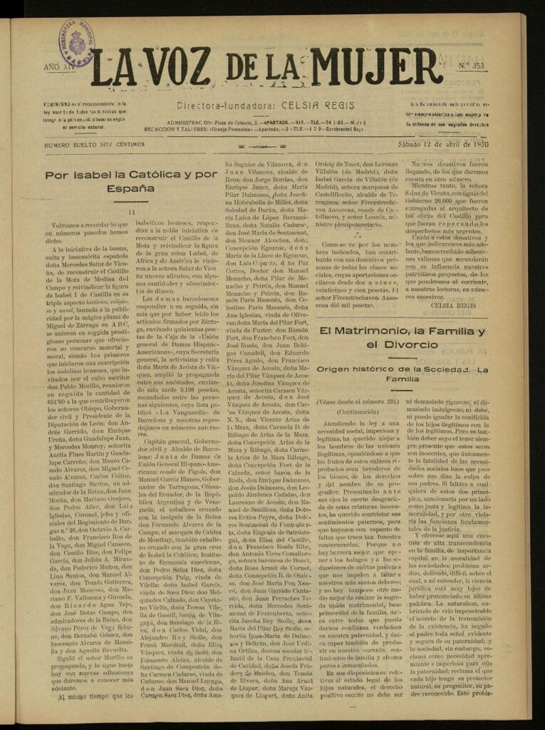 Miniatura de La Voz de la Mujer: revista mensual dedicada a la defensa de la mujer española del 12 de abril de 1930, nº 353