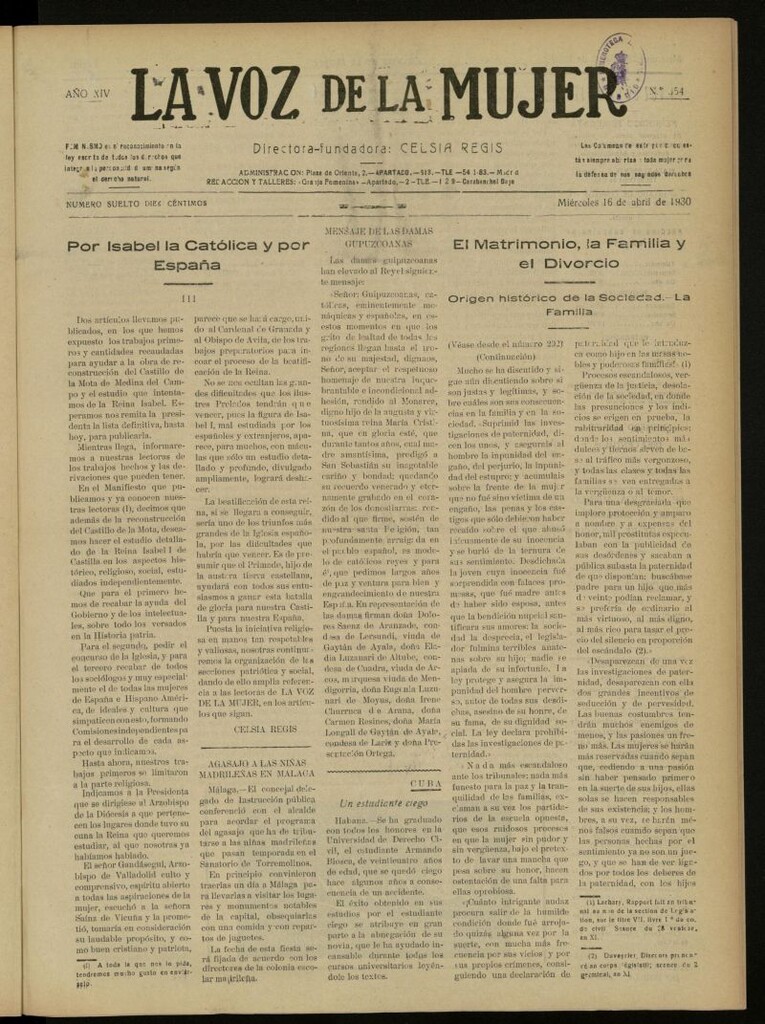 Miniatura de La Voz de la Mujer: revista mensual dedicada a la defensa de la mujer española del 16 de abril de 1930, nº 354