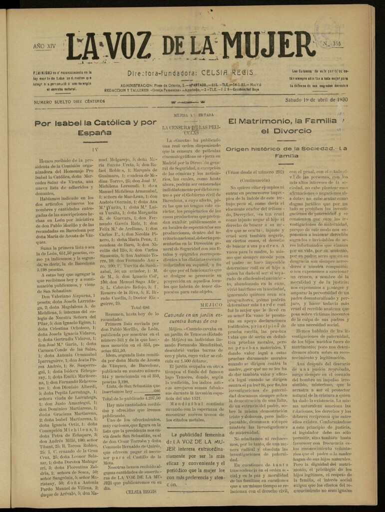 Miniatura de La Voz de la Mujer: revista mensual dedicada a la defensa de la mujer española del 19 de abril de 1930, nº 355