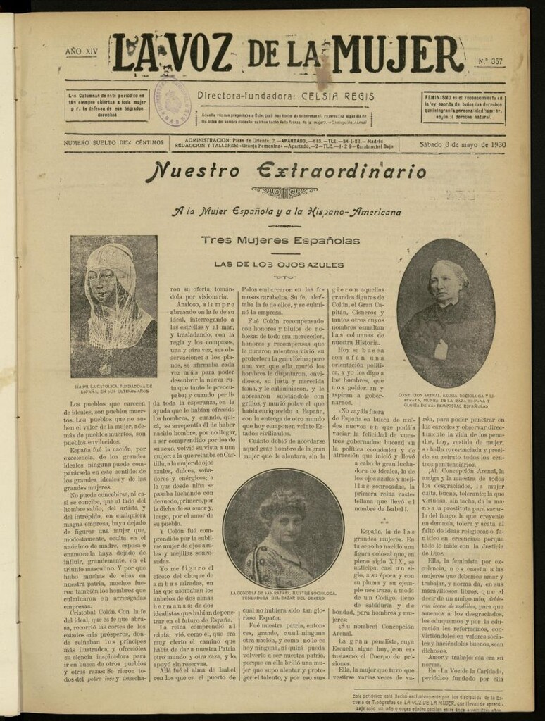 Miniatura de La Voz de la Mujer: revista mensual dedicada a la defensa de la mujer española del 3 de mayo de 1930, nº 357