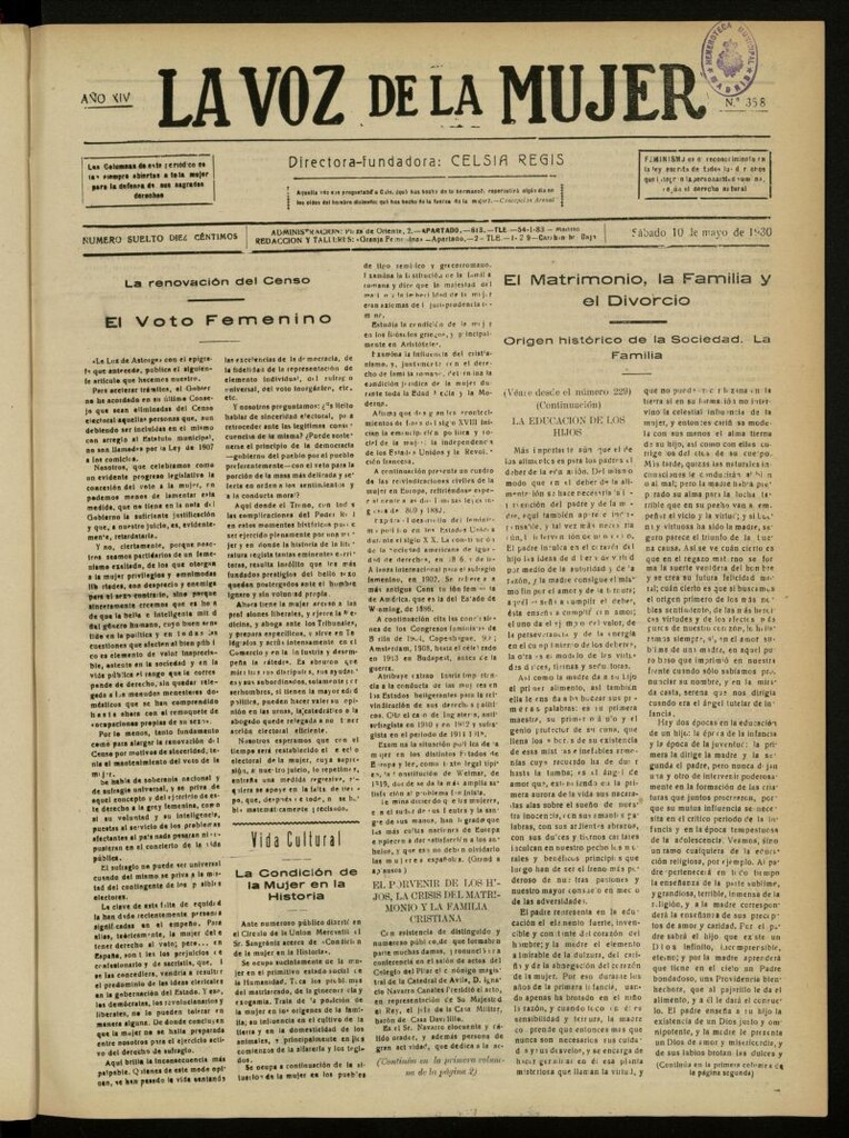 Miniatura de La Voz de la Mujer: revista mensual dedicada a la defensa de la mujer española del 10 de mayo de 1930, nº 358