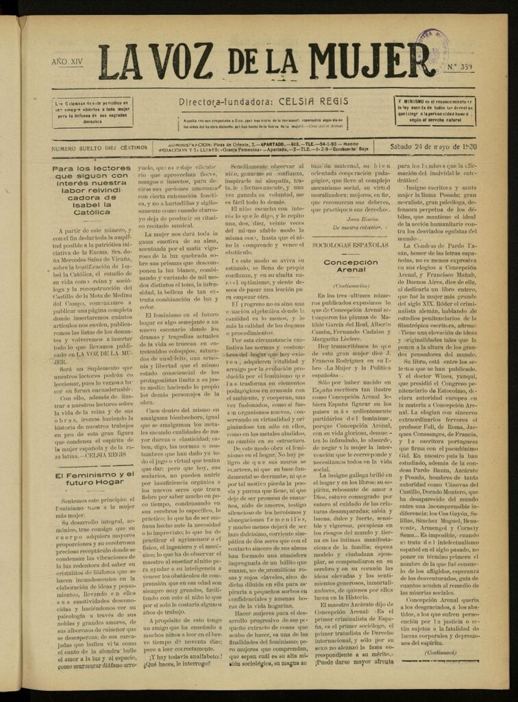 Miniatura de La Voz de la Mujer: revista mensual dedicada a la defensa de la mujer española del 24 de mayo de 1930, nº 359