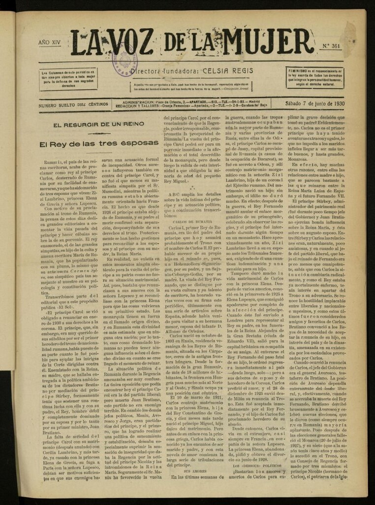 Miniatura de La Voz de la Mujer: revista mensual dedicada a la defensa de la mujer española del 7 de junio de 1930, nº 361