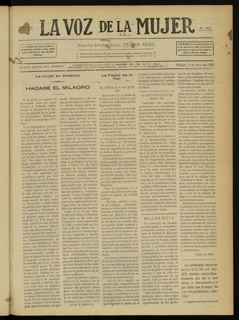 Miniatura de La Voz de la Mujer: revista mensual dedicada a la defensa de la mujer española del 21 de junio de 1930, nº 363