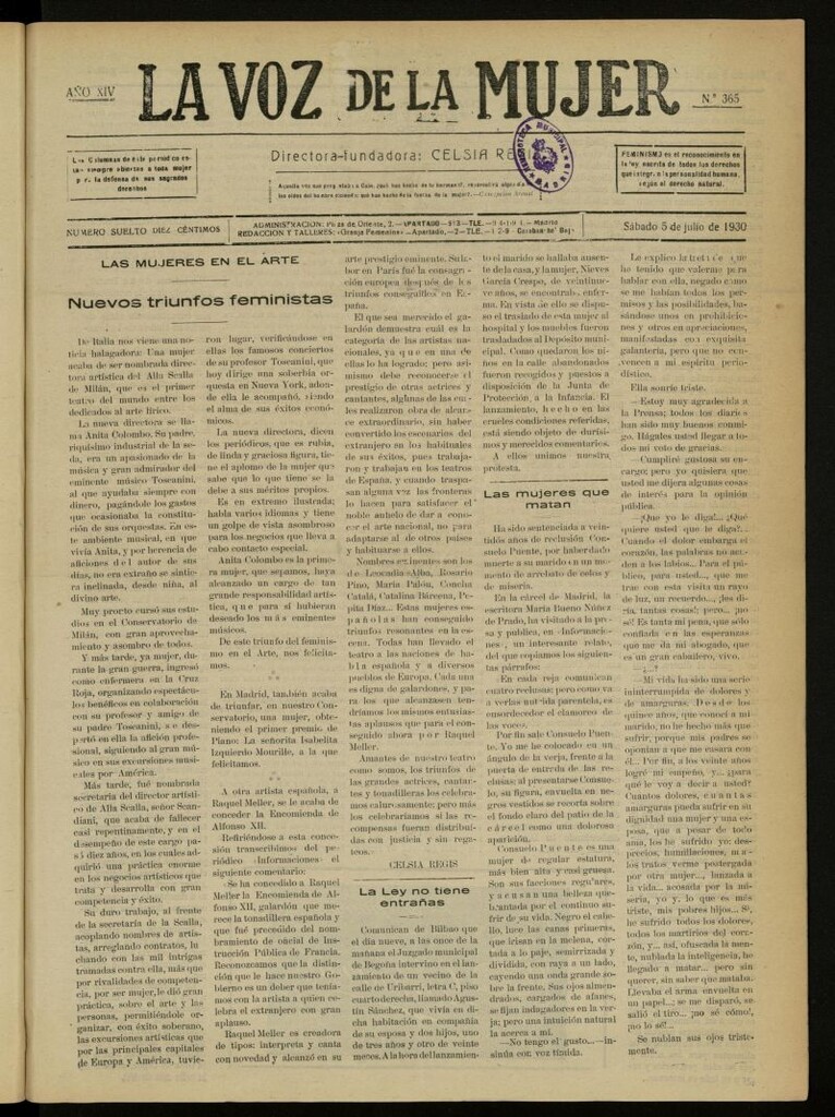 Miniatura de La Voz de la Mujer: revista mensual dedicada a la defensa de la mujer española del 5 de julio de 1930, nº 365