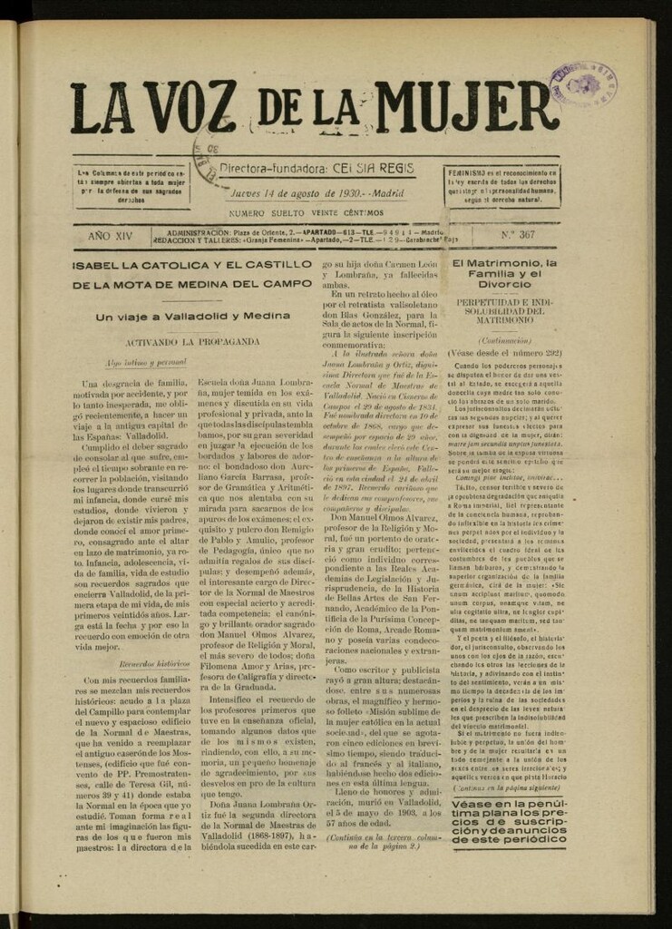 Miniatura de La Voz de la Mujer: revista mensual dedicada a la defensa de la mujer española del 14 de agosto de 1930, nº 367