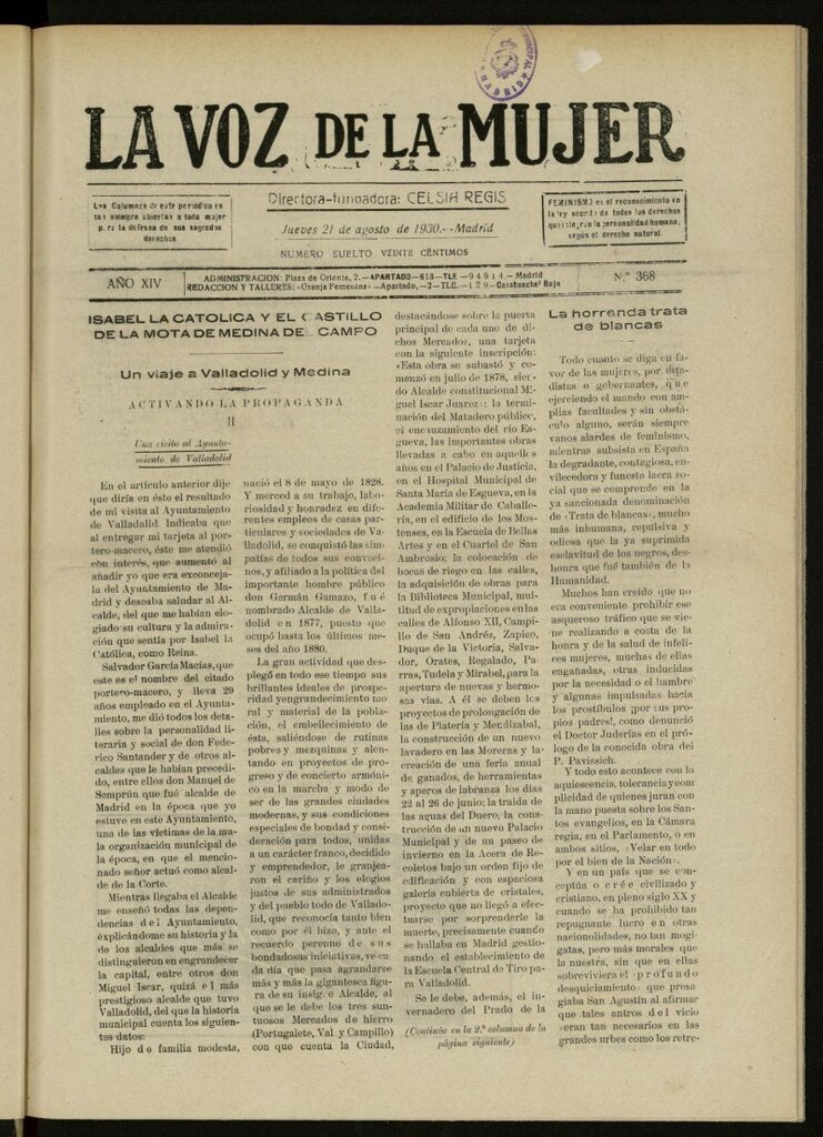 Miniatura de La Voz de la Mujer: revista mensual dedicada a la defensa de la mujer española del 21 de agosto de 1930, nº 368