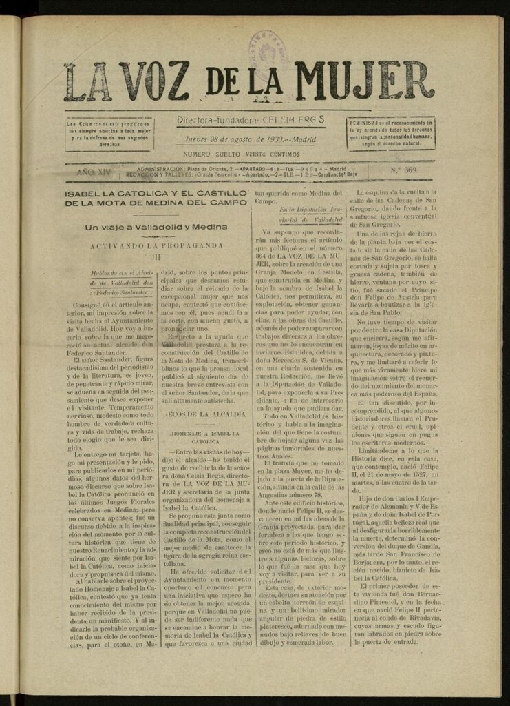 Miniatura de La Voz de la Mujer: revista mensual dedicada a la defensa de la mujer española del 28 de agosto de 1930, nº 369