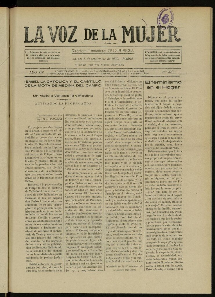 Miniatura de La Voz de la Mujer: revista mensual dedicada a la defensa de la mujer española del 4 de septiembre de 1930, nº 370