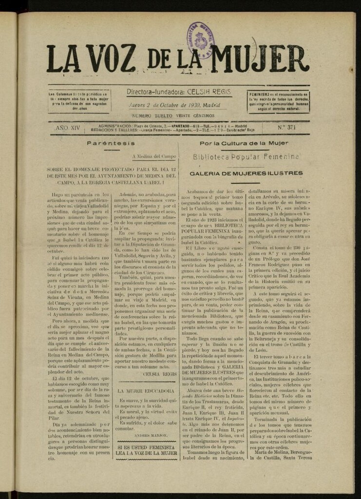 Miniatura de La Voz de la Mujer: revista mensual dedicada a la defensa de la mujer española del 2 de octubre de 1930, nº 371