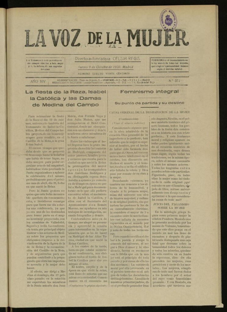 Miniatura de La Voz de la Mujer: revista mensual dedicada a la defensa de la mujer española del 9 de octubre de 1930, nº 372