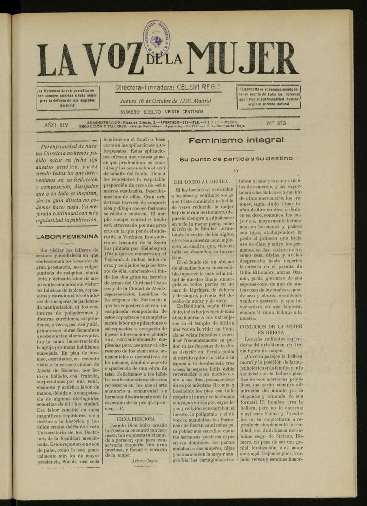 Miniatura de La Voz de la Mujer: revista mensual dedicada a la defensa de la mujer española del 16 de octubre de 1930, nº 373