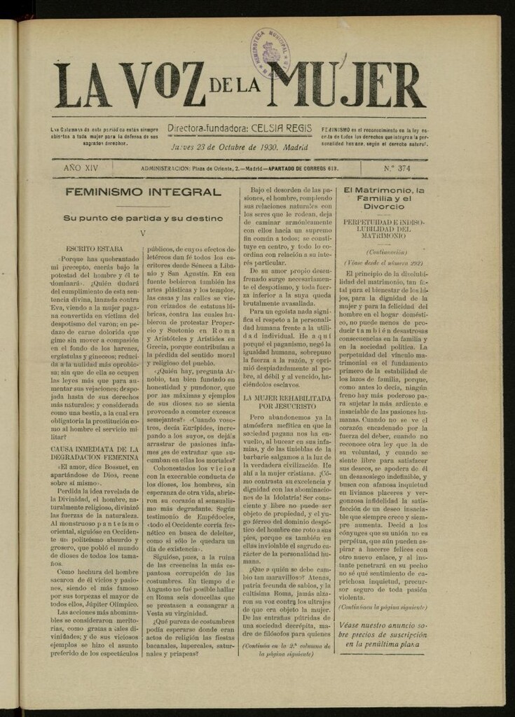 Miniatura de La Voz de la Mujer: revista mensual dedicada a la defensa de la mujer española del 23 de octubre de 1930, nº 374