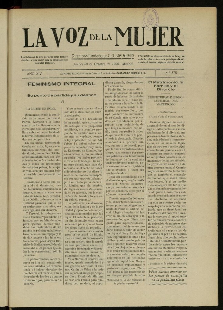 Miniatura de La Voz de la Mujer: revista mensual dedicada a la defensa de la mujer española del 30 de octubre de 1930, nº 375