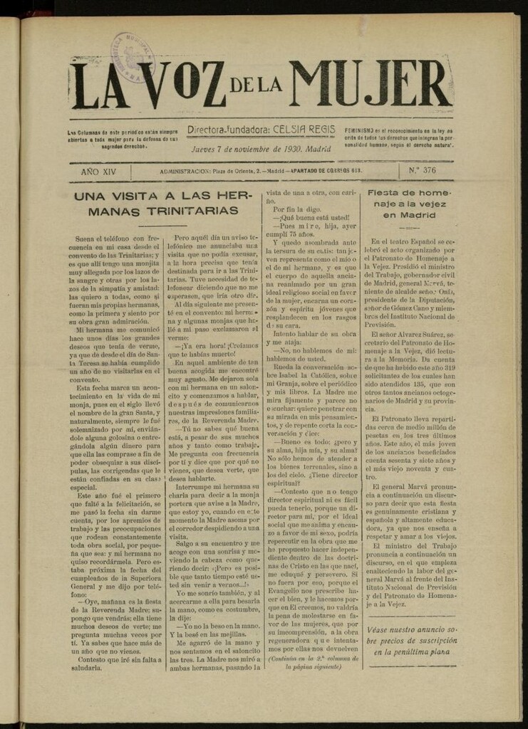Miniatura de La Voz de la Mujer: revista mensual dedicada a la defensa de la mujer española del 7 de noviembre de 1930, nº 376