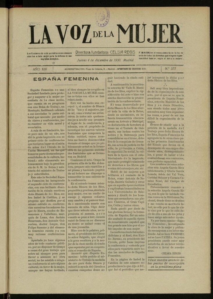 Miniatura de La Voz de la Mujer: revista mensual dedicada a la defensa de la mujer española del 4 de diciembre de 1930, nº 377