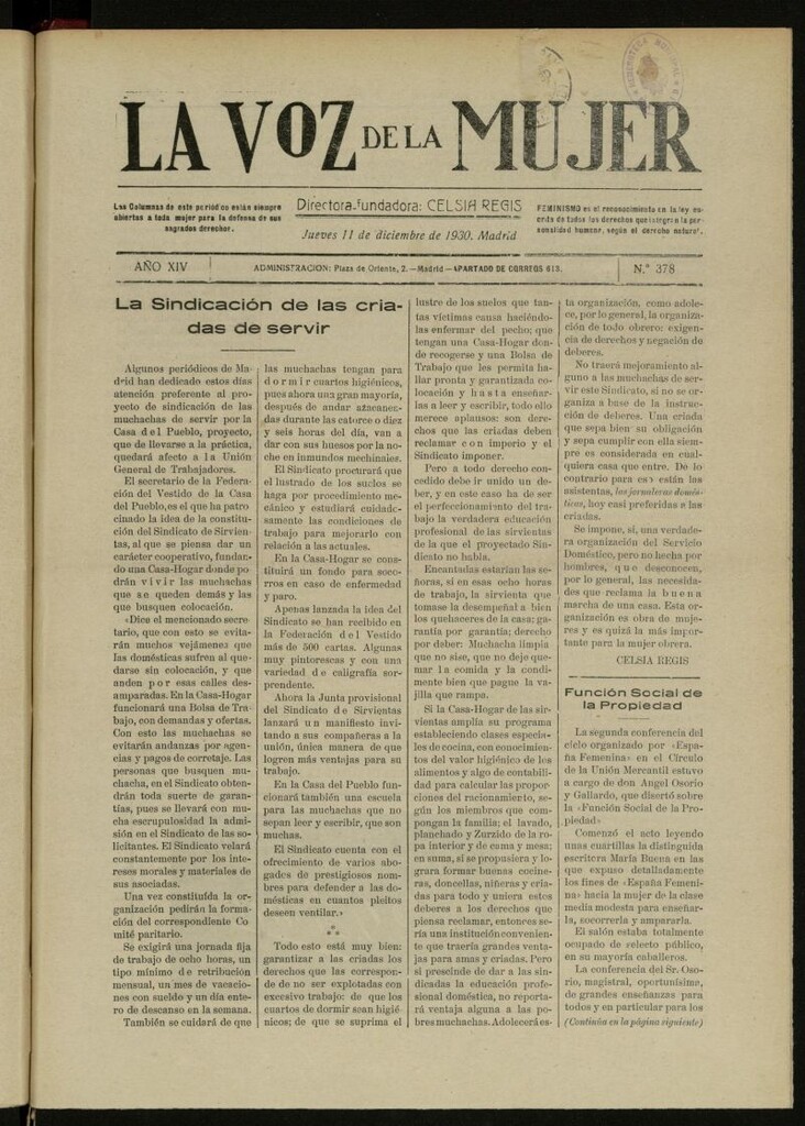 Miniatura de La Voz de la Mujer: revista mensual dedicada a la defensa de la mujer española del 11 de diciembre de 1930, nº 378