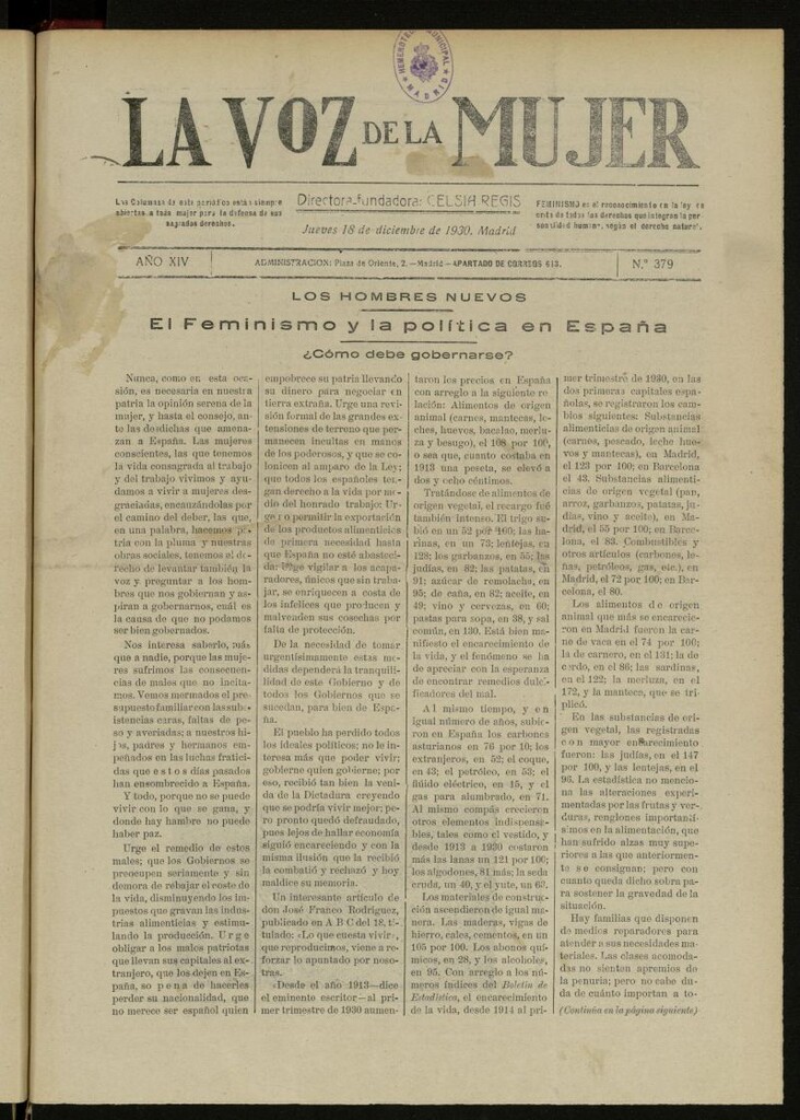 Miniatura de La Voz de la Mujer: revista mensual dedicada a la defensa de la mujer española del 18 de diciembre de 1930, nº 379