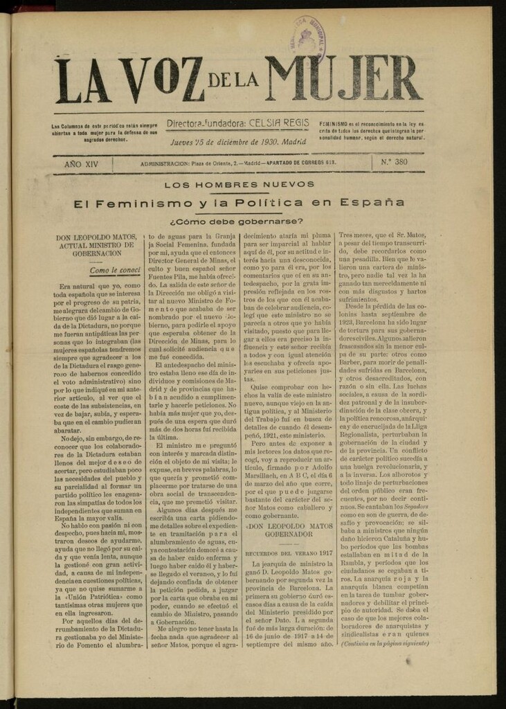 Miniatura de La Voz de la Mujer: revista mensual dedicada a la defensa de la mujer española del 25 de diciembre de 1930, nº 380