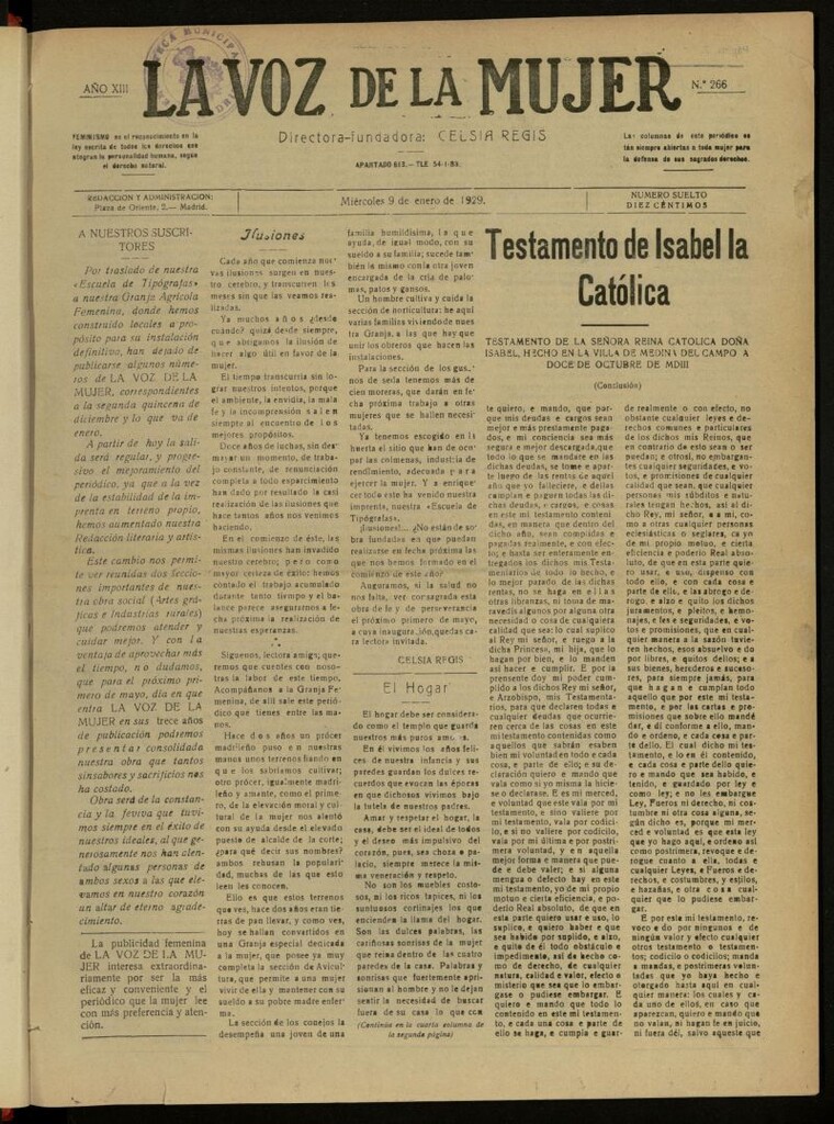 Miniatura de La Voz de la Mujer: revista mensual dedicada a la defensa de la mujer española del 9 de enero de 1929, nº 266