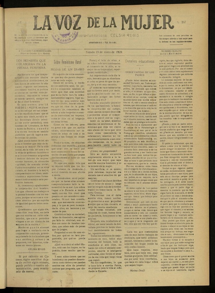 Miniatura de La Voz de la Mujer: revista mensual dedicada a la defensa de la mujer española del 19 de enero de 1929, nº 267