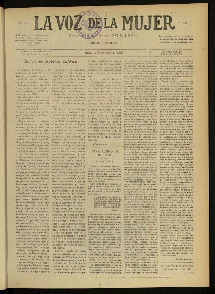 Miniatura de La Voz de la Mujer: revista mensual dedicada a la defensa de la mujer española del 30 de enero de 1929, nº 268