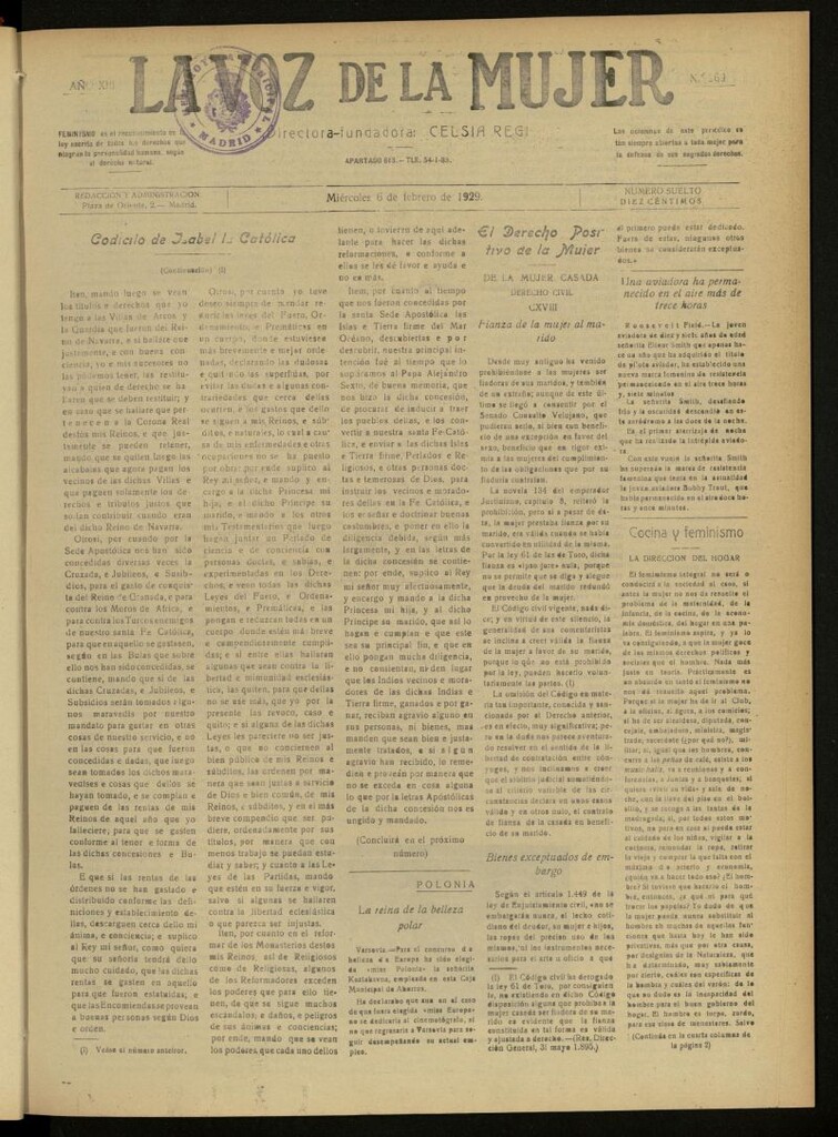 Miniatura de La Voz de la Mujer: revista mensual dedicada a la defensa de la mujer española del 6 de febrero de 1929, nº 269