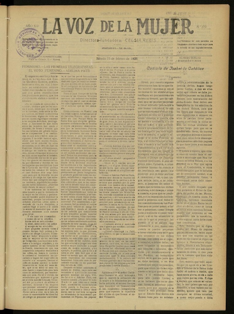 Miniatura de La Voz de la Mujer: revista mensual dedicada a la defensa de la mujer española del 23 de febrero de 1929, nº 270