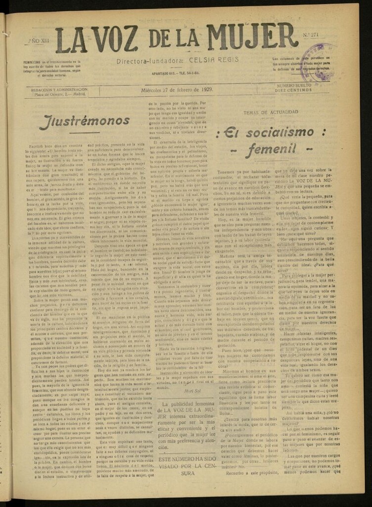 Miniatura de La Voz de la Mujer: revista mensual dedicada a la defensa de la mujer española del 27 de febrero de 1929, nº 271