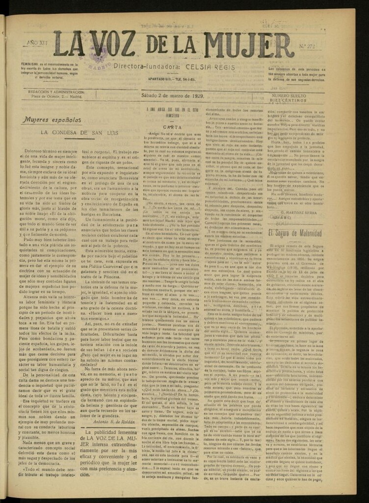 Miniatura de La Voz de la Mujer: revista mensual dedicada a la defensa de la mujer española del 2 de marzo de 1929, nº 272