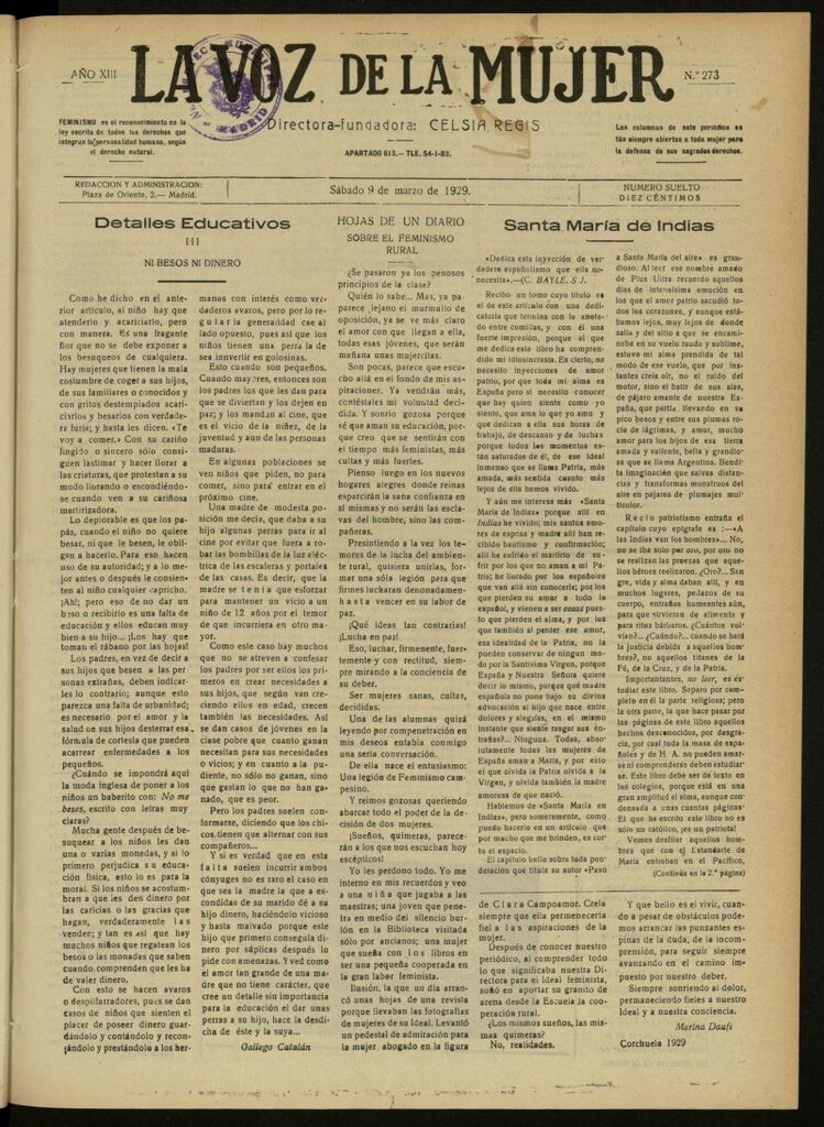 Miniatura de La Voz de la Mujer: revista mensual dedicada a la defensa de la mujer española del 9 de marzo de 1929, nº 273