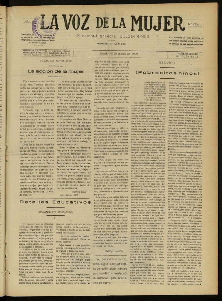 Miniatura de La Voz de la Mujer: revista mensual dedicada a la defensa de la mujer española del 23 de marzo de 1929, nº 275