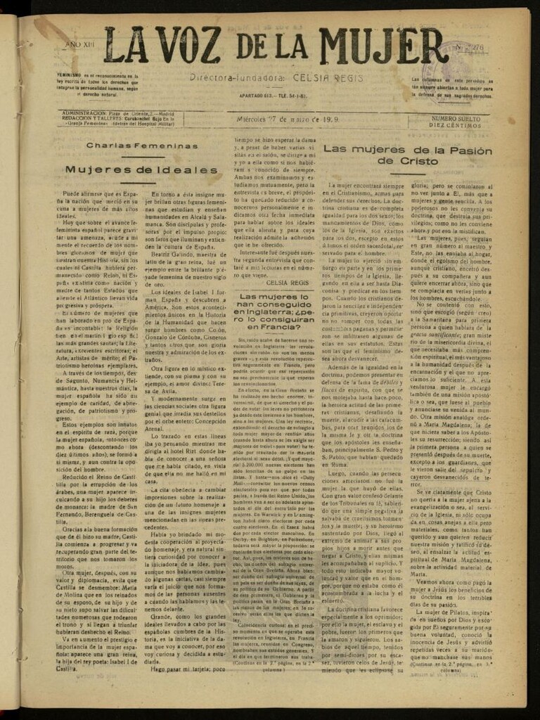 Miniatura de La Voz de la Mujer: revista mensual dedicada a la defensa de la mujer española del 27 de marzo de 1929, nº 276