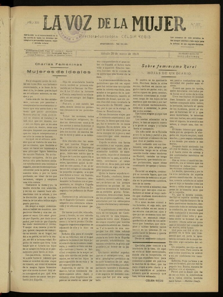 Miniatura de La Voz de la Mujer: revista mensual dedicada a la defensa de la mujer española del 30 de marzo de 1929, nº 277