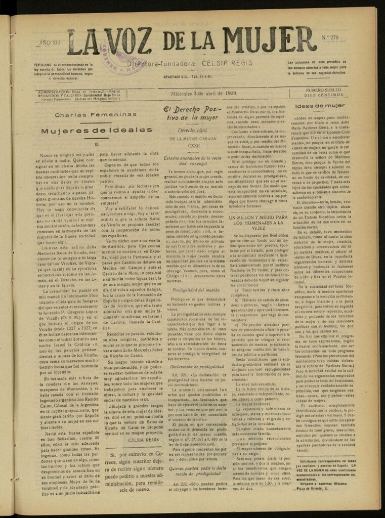 Miniatura de La Voz de la Mujer: revista mensual dedicada a la defensa de la mujer española del 3 de abril de 1929, nº 278