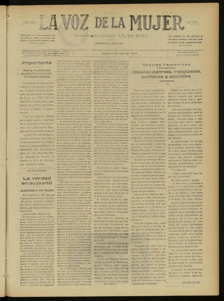 Miniatura de La Voz de la Mujer: revista mensual dedicada a la defensa de la mujer española del 5 de abril de 1929, nº 279