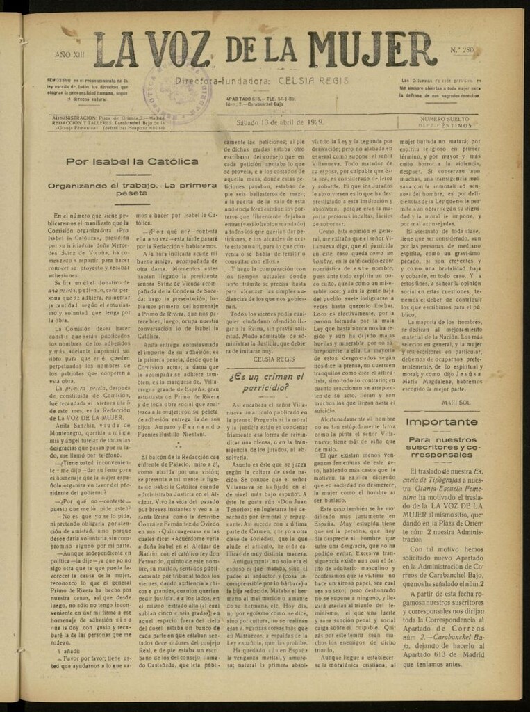 Miniatura de La Voz de la Mujer: revista mensual dedicada a la defensa de la mujer española del 13 de abril de 1929, nº 280