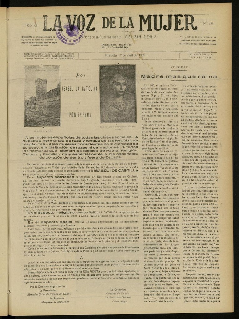Miniatura de La Voz de la Mujer: revista mensual dedicada a la defensa de la mujer española del 17 de abril de 1929, nº 281