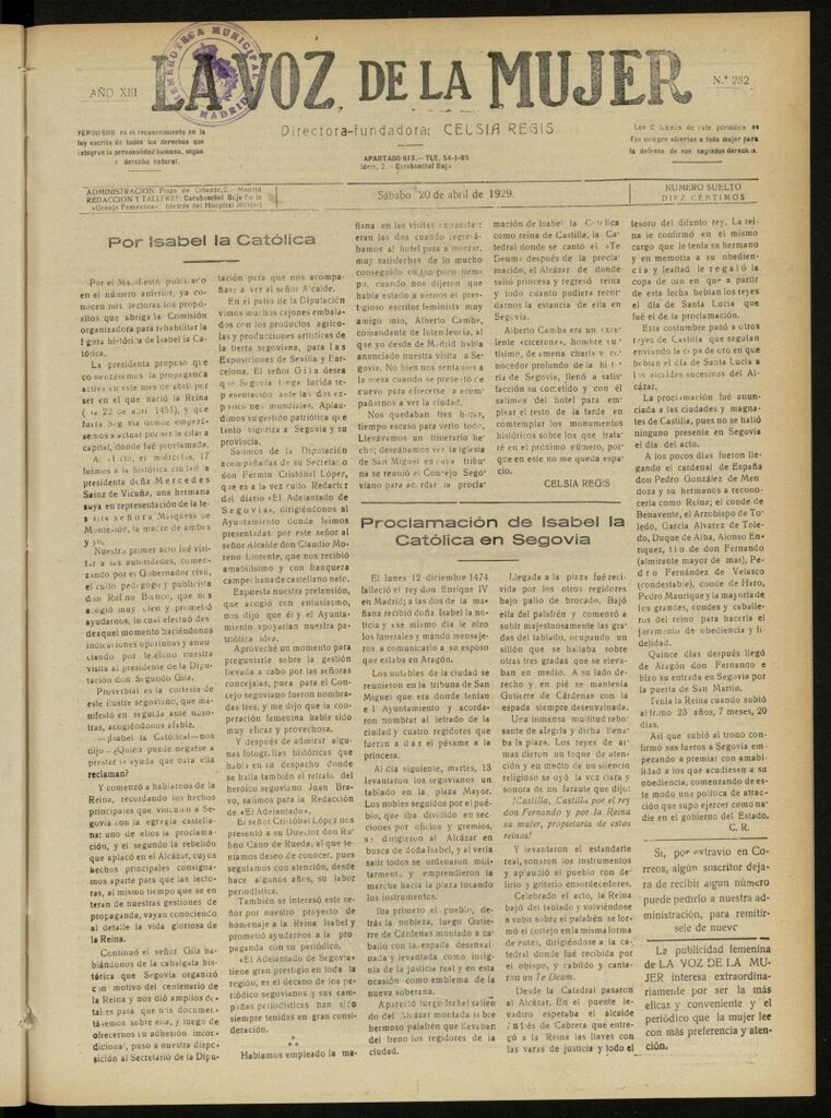 Miniatura de La Voz de la Mujer: revista mensual dedicada a la defensa de la mujer española del 20 de abril de 1929, nº 282