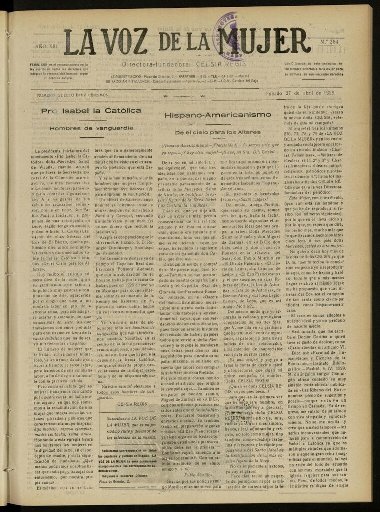 Miniatura de La Voz de la Mujer: revista mensual dedicada a la defensa de la mujer española del 27 de abril de 1929, nº 284