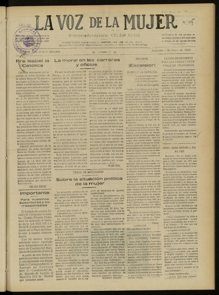 Miniatura de La Voz de la Mujer: revista mensual dedicada a la defensa de la mujer española del 1 de mayo de 1929, nº 285