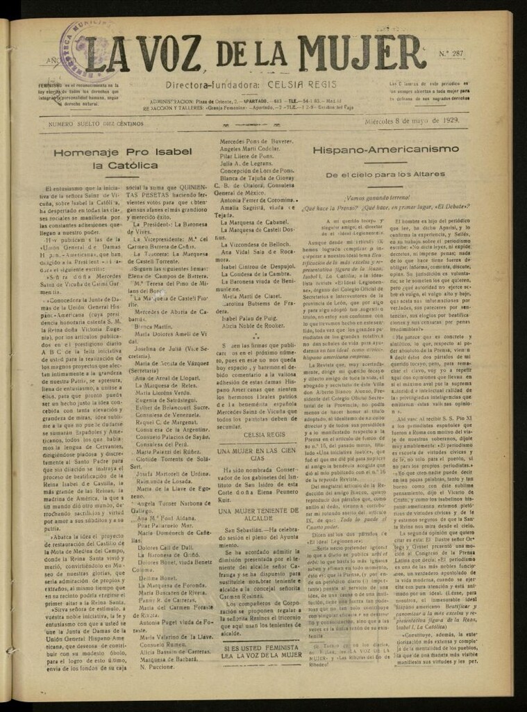 Miniatura de La Voz de la Mujer: revista mensual dedicada a la defensa de la mujer española del 8 de mayo de 1929, nº 287