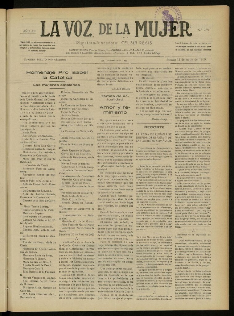 Miniatura de La Voz de la Mujer: revista mensual dedicada a la defensa de la mujer española del 11 de mayo de 1929, nº 288