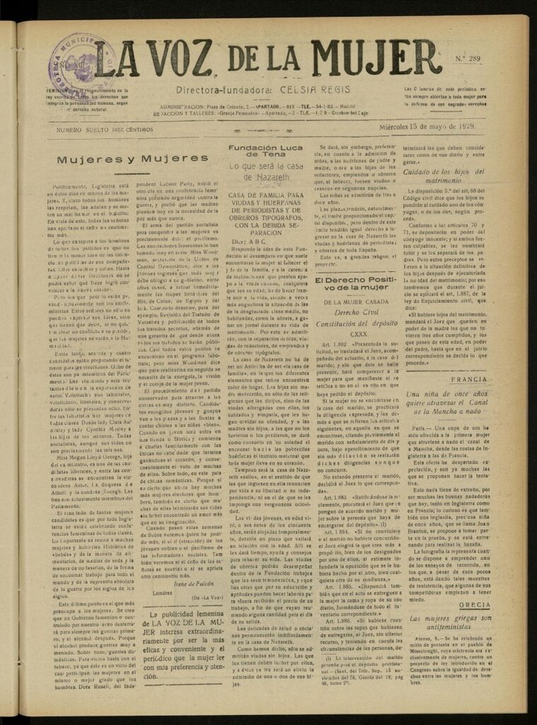 Miniatura de La Voz de la Mujer: revista mensual dedicada a la defensa de la mujer española del 15 de mayo de 1929, nº 289