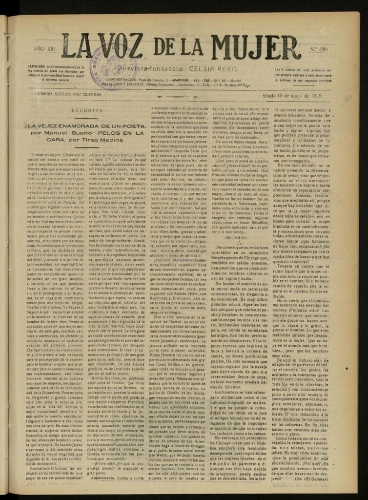 Miniatura de La Voz de la Mujer: revista mensual dedicada a la defensa de la mujer española del 18 de mayo de 1929, nº 290