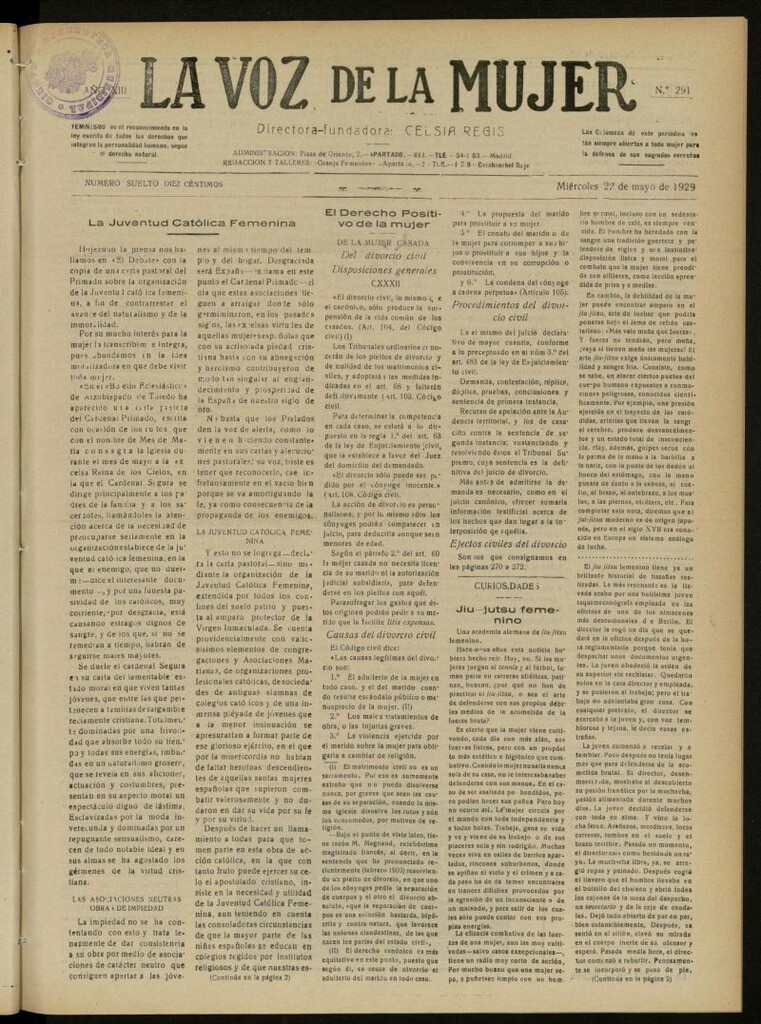 Miniatura de La Voz de la Mujer: revista mensual dedicada a la defensa de la mujer española del 22 de mayo de 1929, nº 291