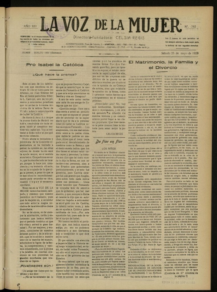 Miniatura de La Voz de la Mujer: revista mensual dedicada a la defensa de la mujer española del 25 de mayo de 1929, nº 292
