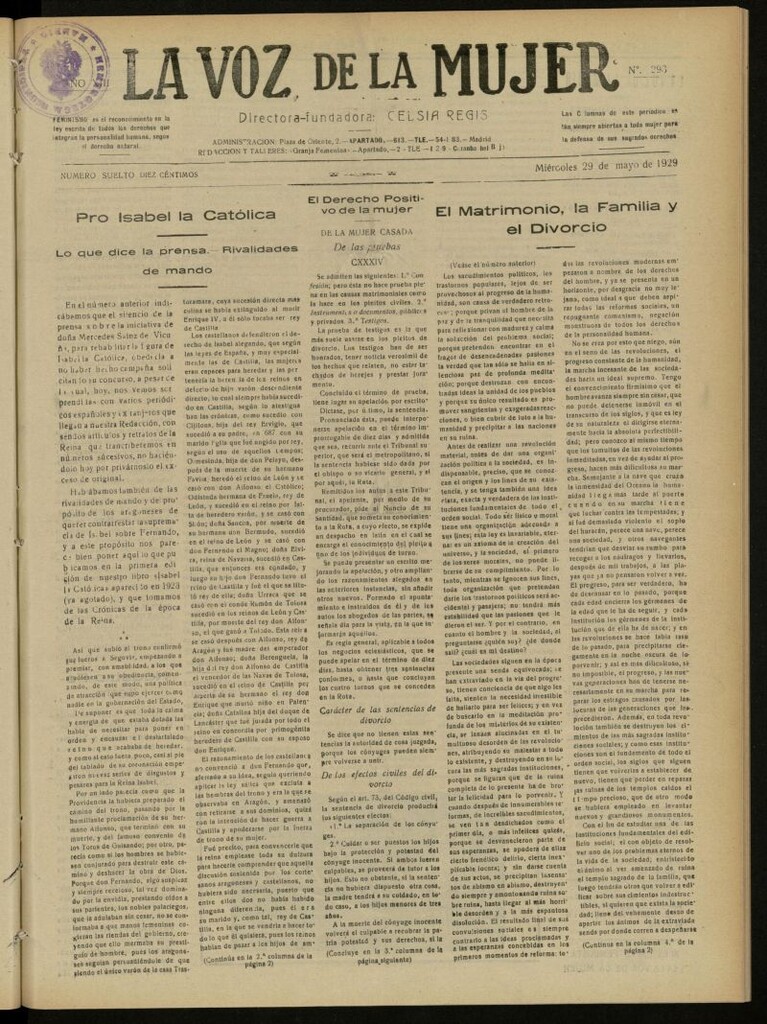 Miniatura de La Voz de la Mujer: revista mensual dedicada a la defensa de la mujer española del 29 de mayo de 1929, nº 293
