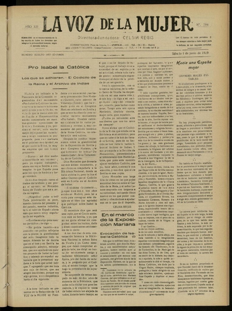 Miniatura de La Voz de la Mujer: revista mensual dedicada a la defensa de la mujer española del 1 de junio de 1929, nº 294