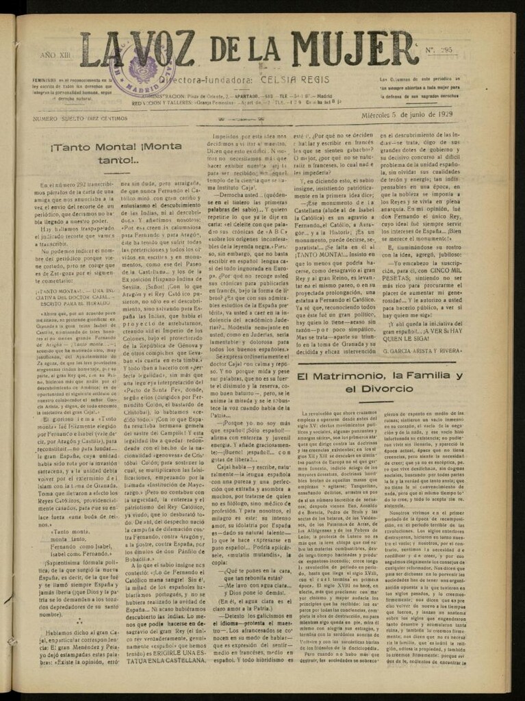 Miniatura de La Voz de la Mujer: revista mensual dedicada a la defensa de la mujer española del 5 de junio de 1929, nº 295